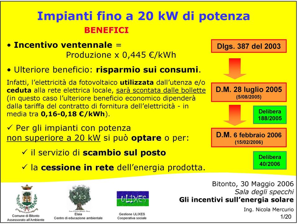 beneficio economico dipenderà dalla tariffa del contratto di fornitura dell elettricità - in media tra 0,16-0,18 /kwh).