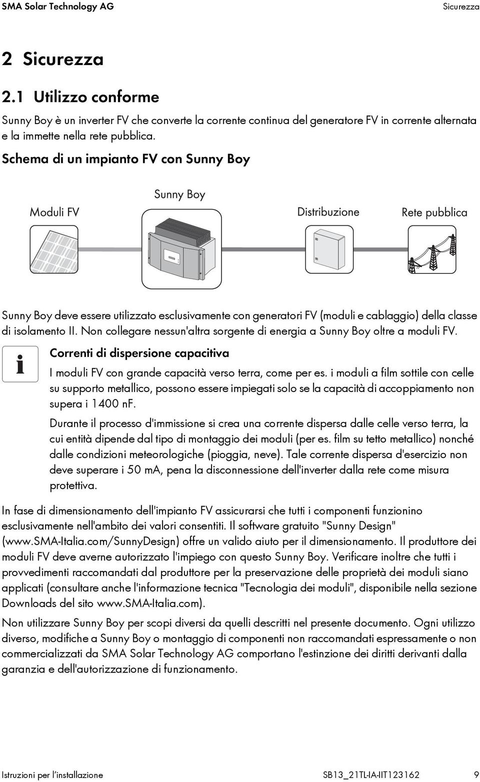 Schema di un impianto FV con Sunny Boy Sunny Boy deve essere utilizzato esclusivamente con generatori FV (moduli e cablaggio) della classe di isolamento II.