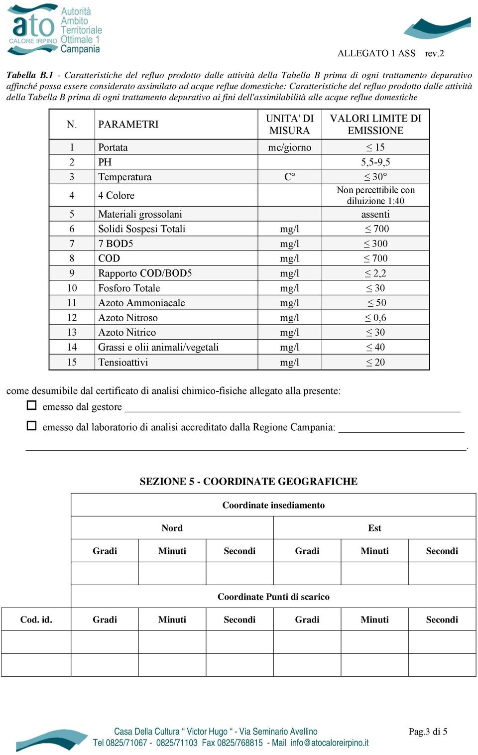 del refluo prodotto dalle attività della Tabella B prima di ogni trattamento depurativo ai fini dell'assimilabilità alle acque reflue domestiche N.