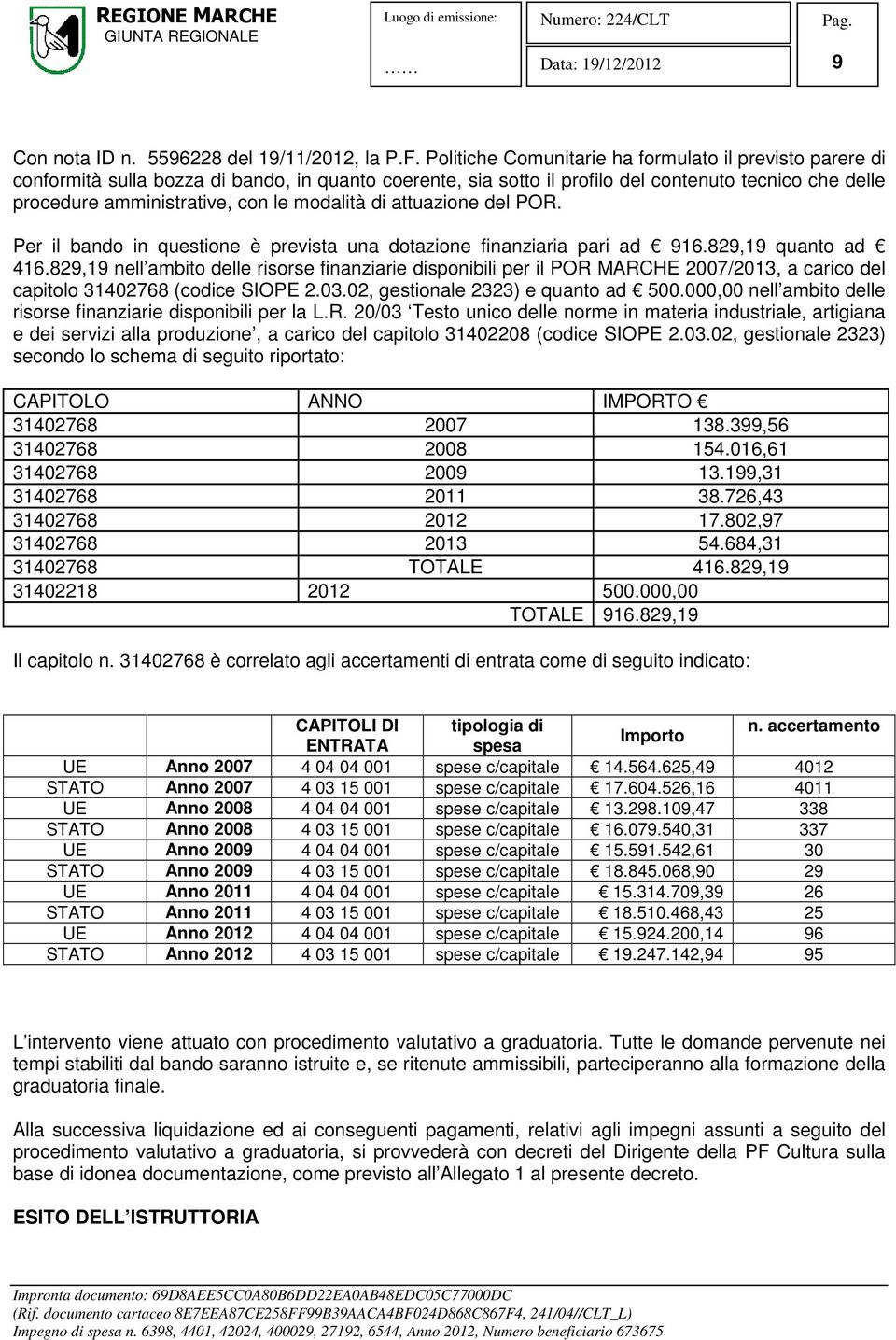 modalità di attuazione del POR. Per il bando in questione è prevista una dotazione finanziaria pari ad 916.829,19 quanto ad 416.