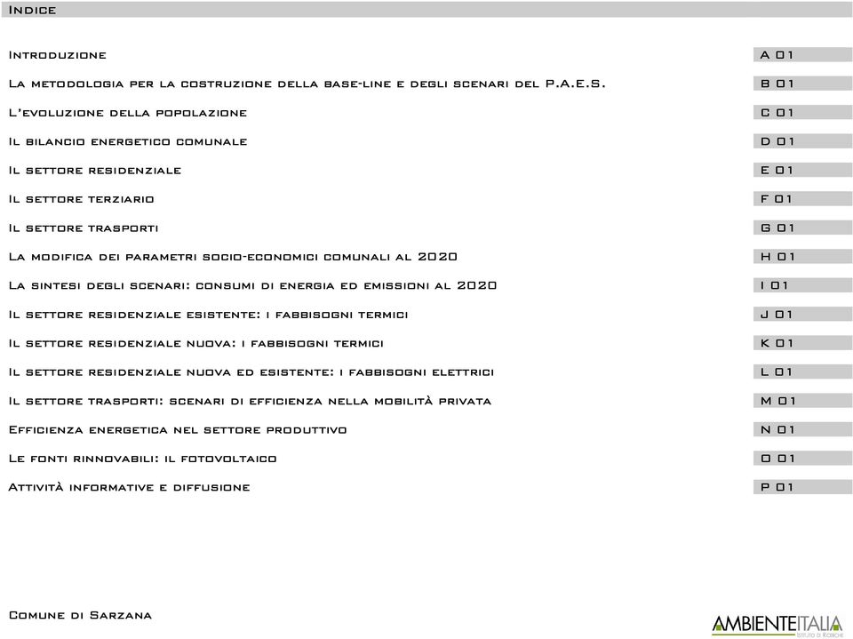 socio-economici comunali al 2020 H 01 La sintesi degli scenari: consumi di energia ed emissioni al 2020 I 01 Il settore residenziale esistente: i fabbisogni termici J 01 Il settore residenziale