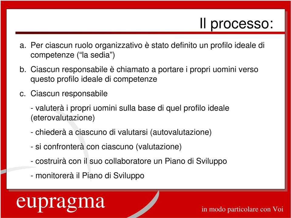 Ciascun responsabile - valuterà i propri uomini sulla base di quel profilo ideale (eterovalutazione) - chiederà a ciascuno di