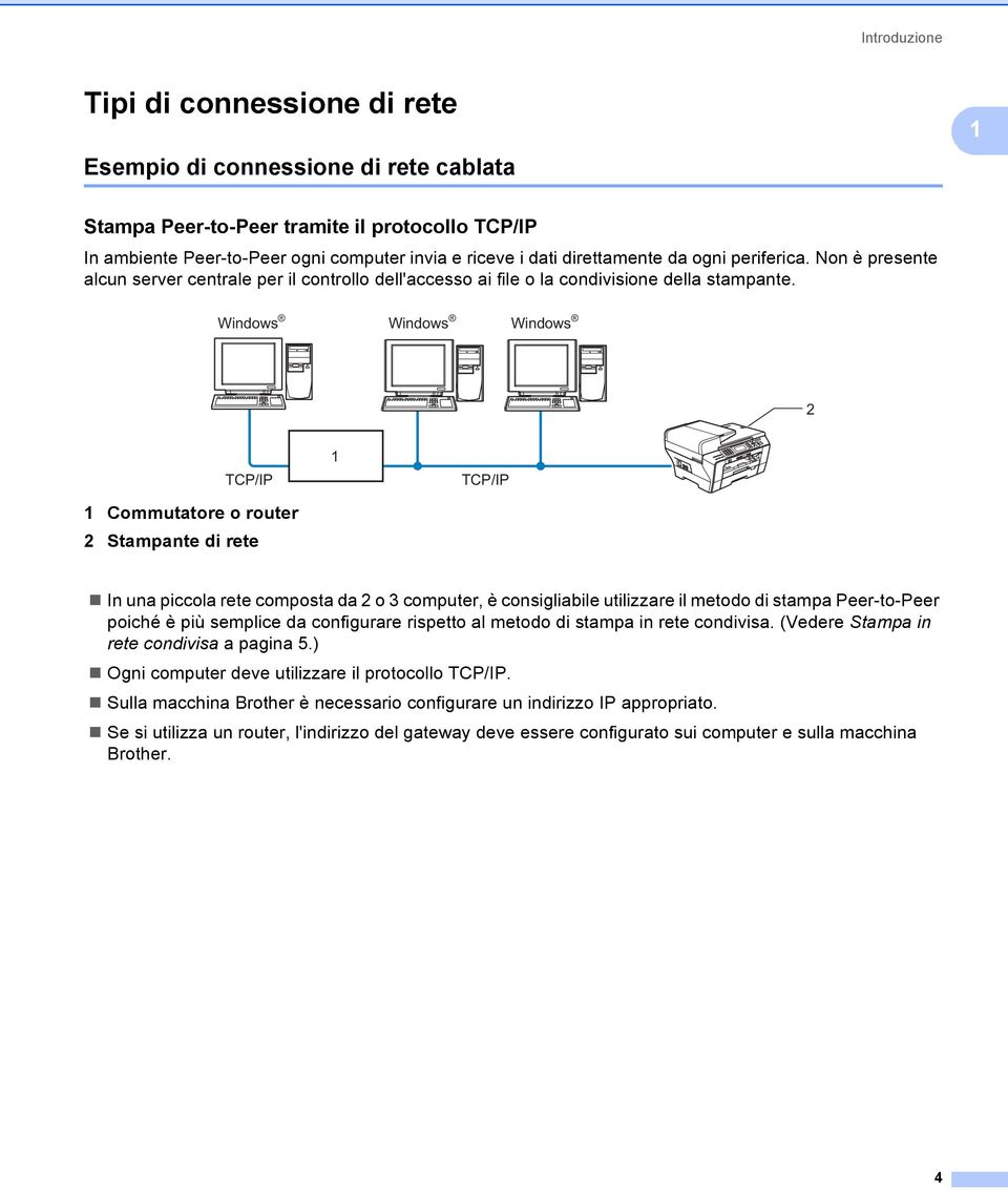 Windows Windows Windows 2 TCP/IP 1 Commutatore o router 2 Stampante di rete 1 TCP/IP In una piccola rete composta da 2 o 3 computer, è consigliabile utilizzare il metodo di stampa Peer-to-Peer poiché