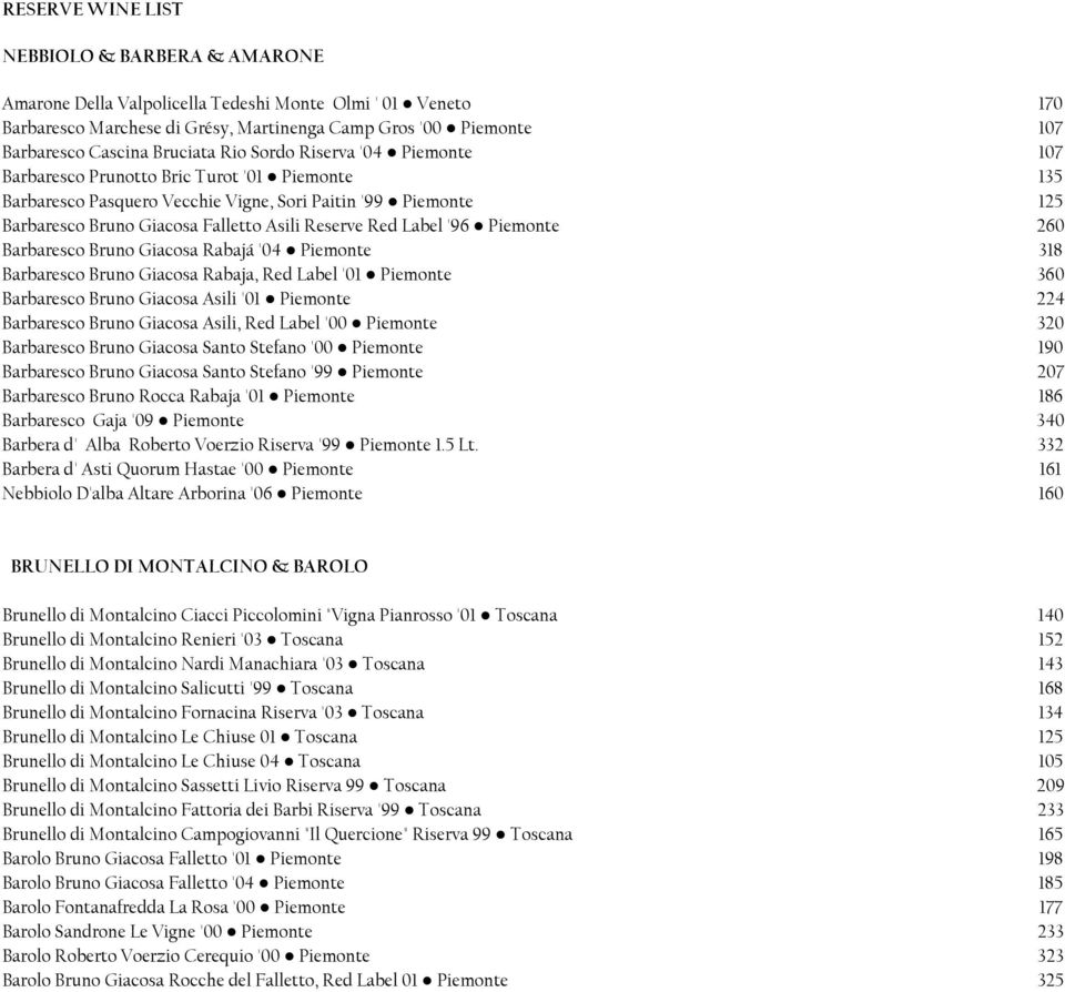 Reserve Red Label '96 Piemonte 260 Barbaresco Bruno Giacosa Rabajá '04 Piemonte 318 Barbaresco Bruno Giacosa Rabaja, Red Label '01 Piemonte 360 Barbaresco Bruno Giacosa Asili '01 Piemonte 224