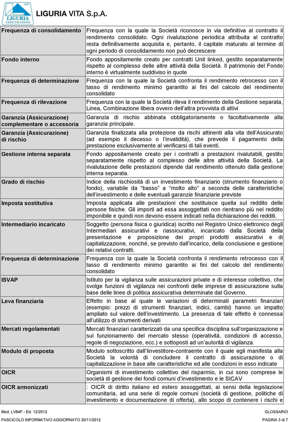 Frequenza di determinazione Frequenza di rilevazione Garanzia (Assicurazione) complementare o accessoria Garanzia (Assicurazione) di rischio Gestione interna separata Grado di rischio Imposta