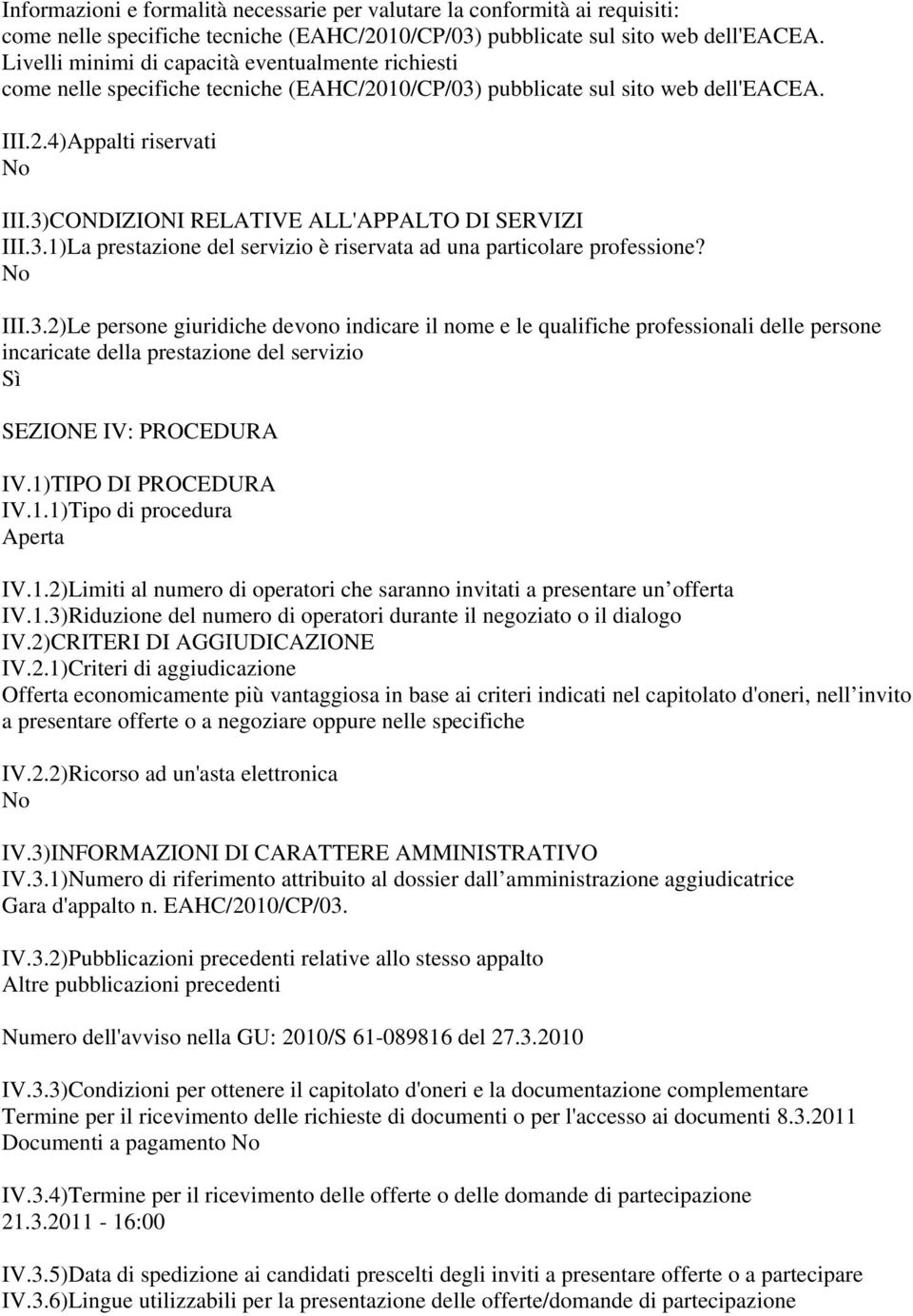 3)CONDIZIONI RELATIVE ALL'APPALTO DI SERVIZI III.3.1)La prestazione del servizio è riservata ad una particolare professione? III.3.2)Le persone giuridiche devono indicare il nome e le qualifiche professionali delle persone incaricate della prestazione del servizio SEZIONE IV: PROCEDURA IV.