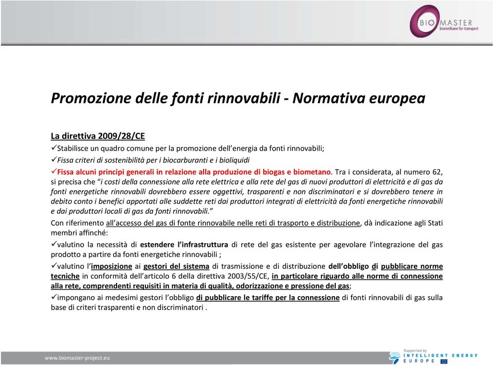 Tra i considerata, al numero 62, si precisa che i costi della connessione alla rete elettrica e alla rete del gas di nuovi produttori di elettricitàe di gas da fonti energetiche rinnovabili