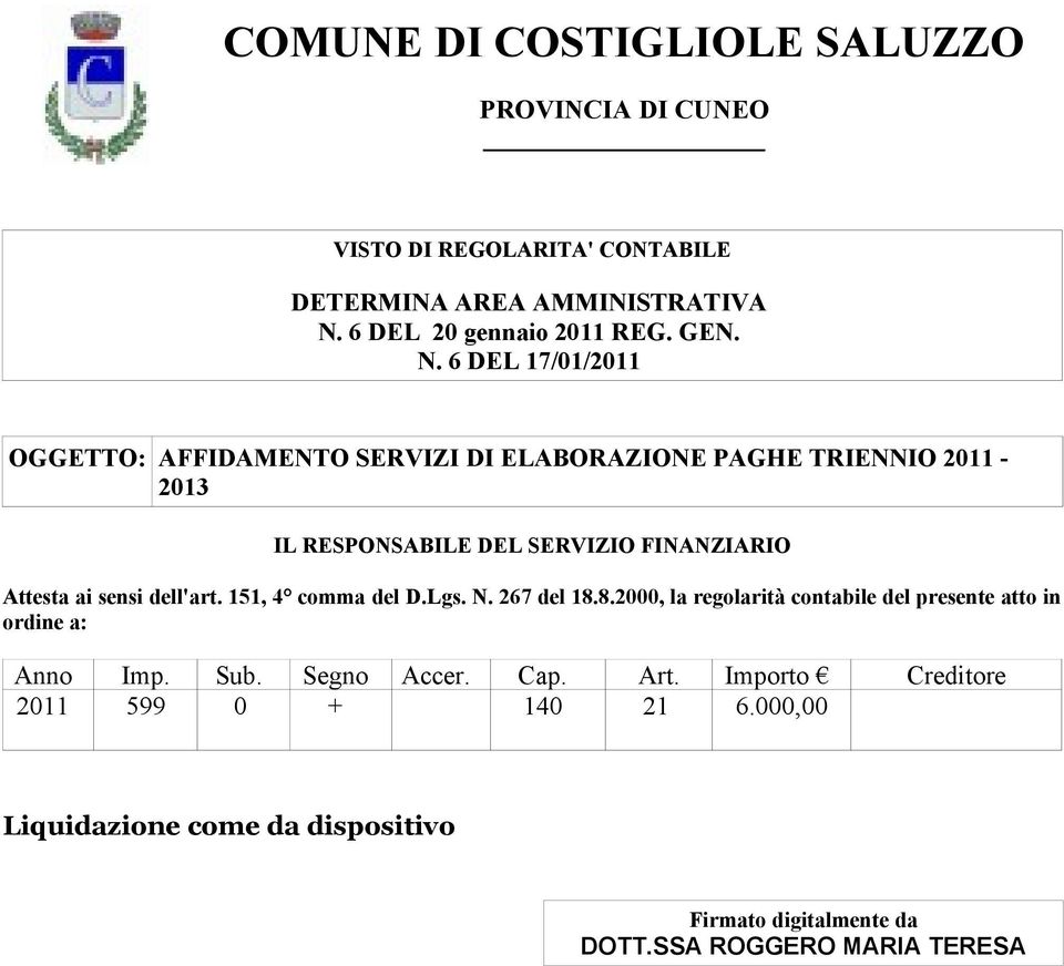 8.2000, la regolarità contabile del presente atto in ordine a: Anno Imp. Sub. Segno Accer. Cap. Art.