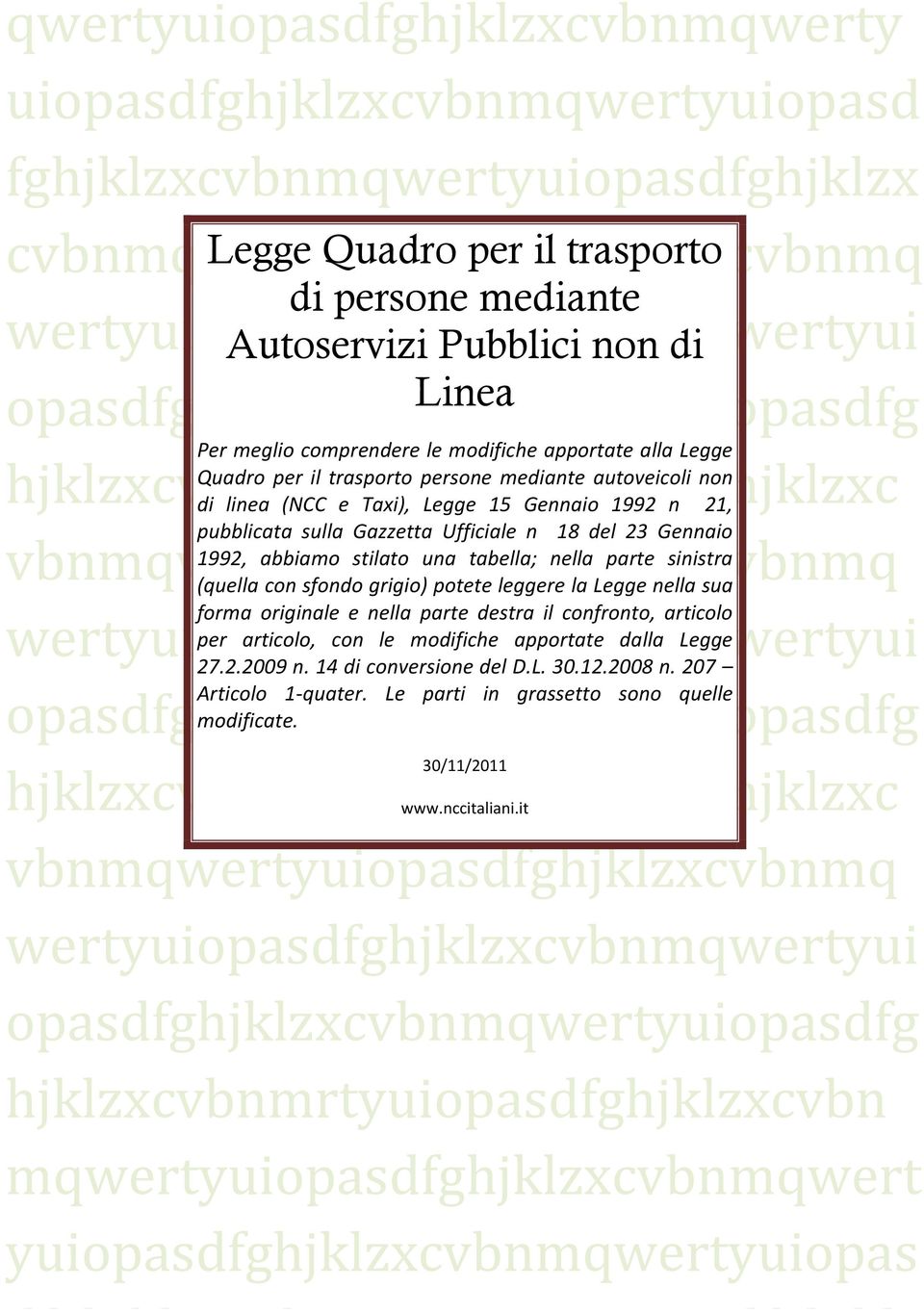 per il trasporto persone mediante autoveicoli non di linea (NCC e Taxi), Legge 15 Gennaio 1992 n 21, pubblicata sulla Gazzetta Ufficiale n 18 del 23 Gennaio vbnmqwertyuiopasdfghjklzxcvbnmq 1992,