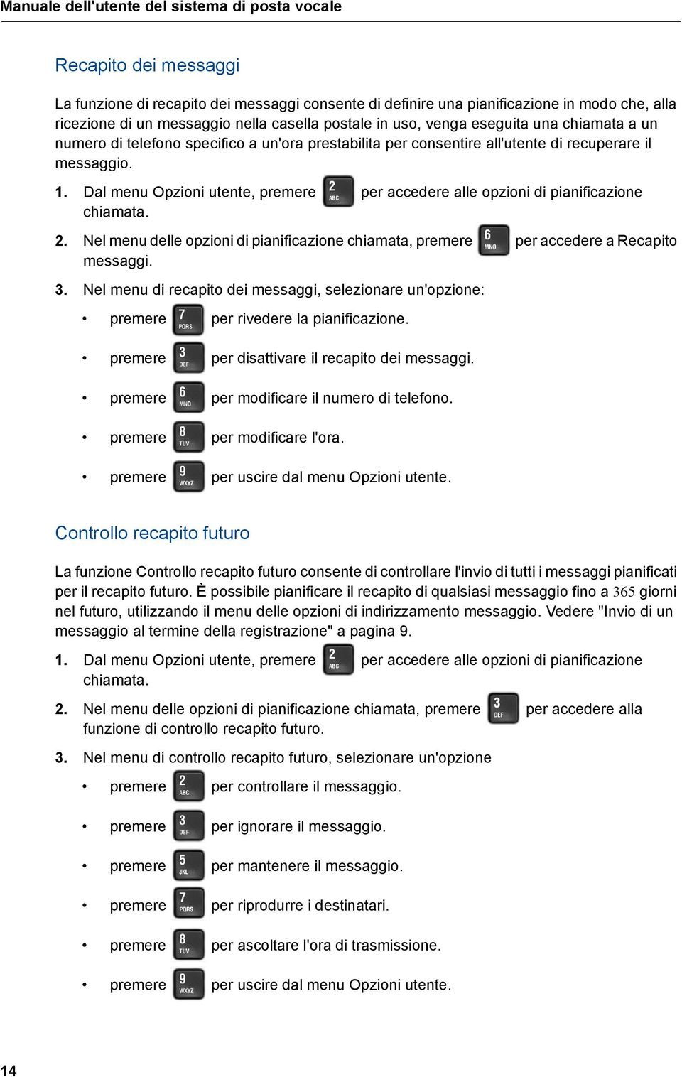 Dal menu Opzioni utente, premere per accedere alle opzioni di pianificazione chiamata. 2. Nel menu delle opzioni di pianificazione chiamata, premere per accedere a Recapito messaggi. 3.