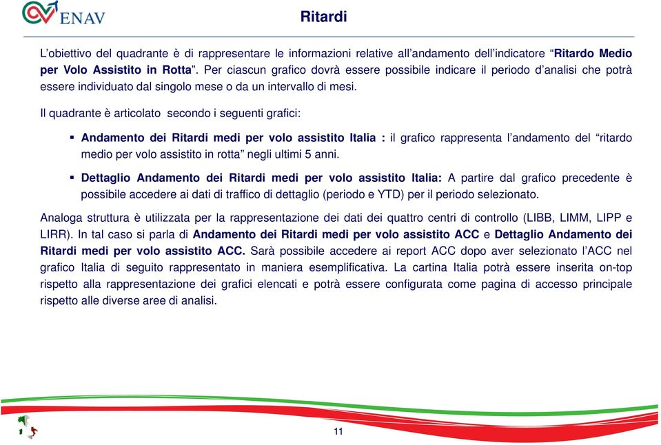 Il quadrante è articolato secondo i seguenti grafici: Andamento dei Ritardi medi per volo assistito Italia : il grafico rappresenta l andamento del ritardo medio per volo assistito in rotta negli