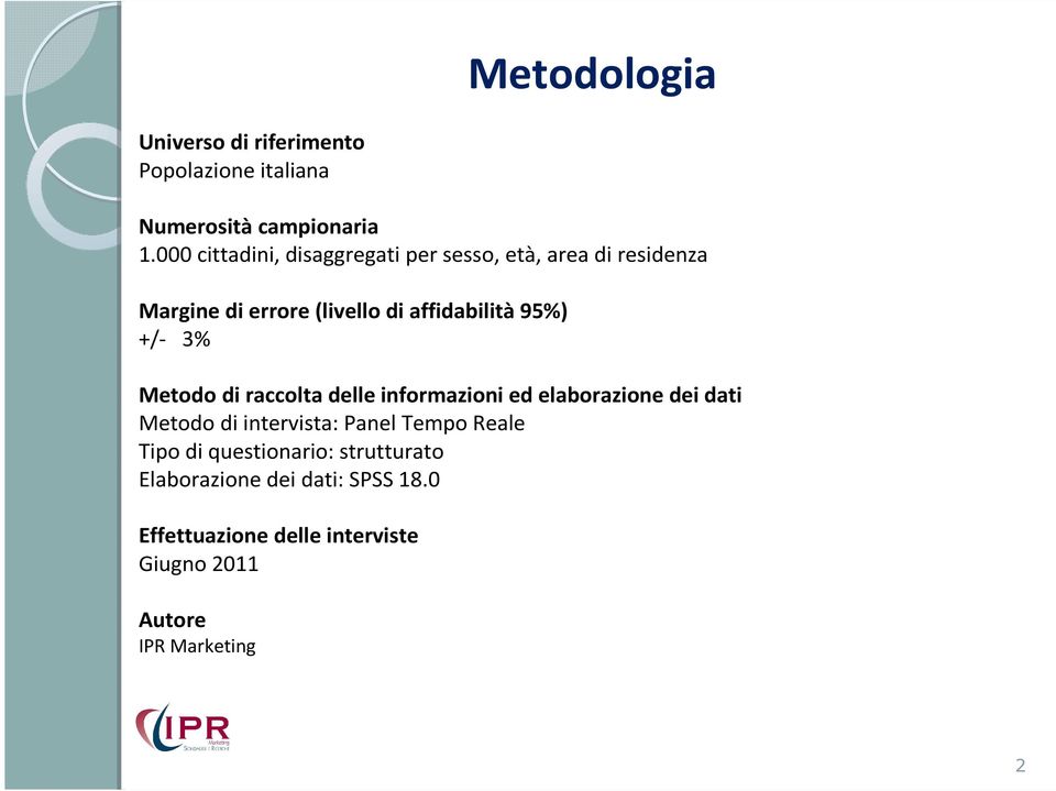 95%) +/- 3% Metodo di raccolta delle informazioni ed elaborazione dei dati Metodo di intervista: Panel Tempo