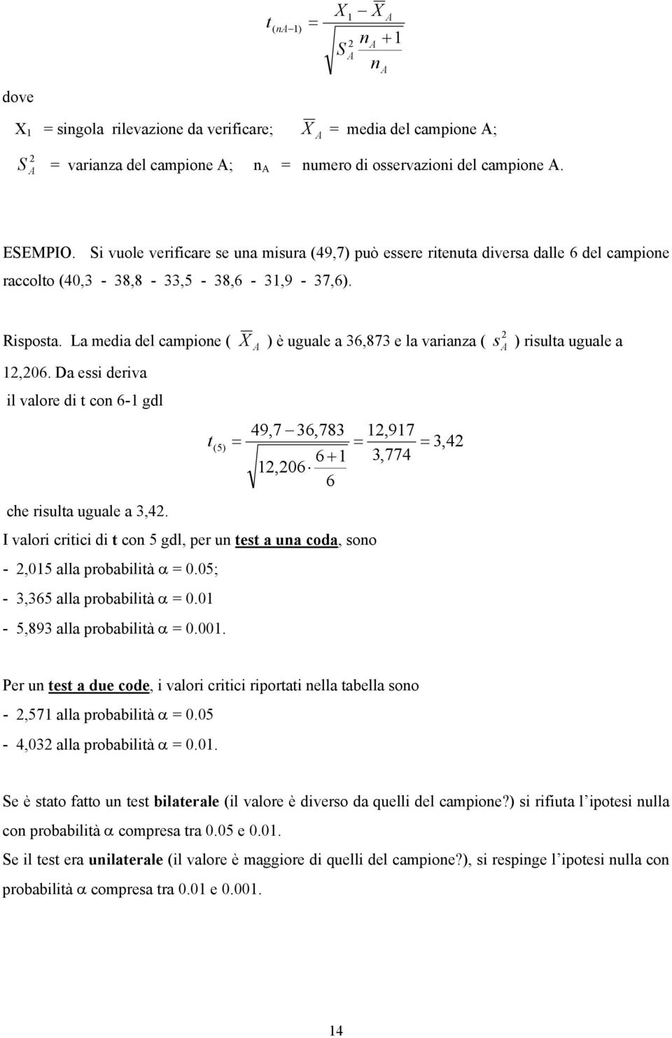 Da essi deriva il valore di t co 6- gdl t X A ) è uguale a 36,873 e la variaza ( 49,7 36,783 6 +,06 6,97 3,774 ( 5) che risulta uguale a 3,4.