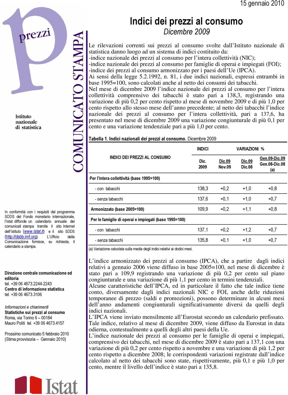 armonizzato per i paesi dell Ue (IPCA). Ai sensi della legge 5.2.1992, n. 81, i due indici nazionali, espressi entrambi in base 1995=100, sono calcolati anche al netto dei consumi dei tabacchi.