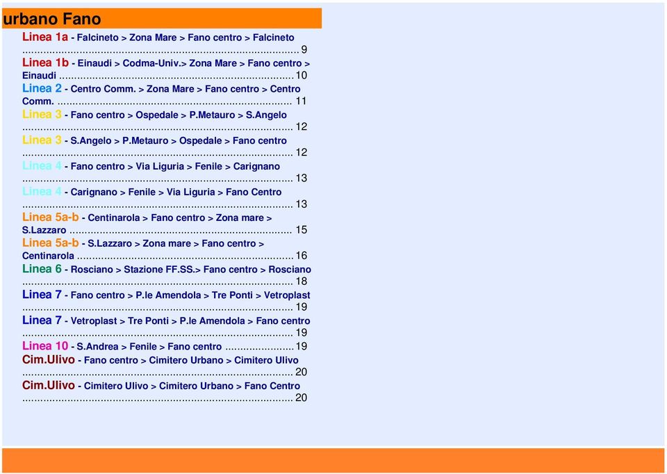.. 12 Linea 4 - Fano centro > Via Liguria > Fenile > Carignano... 13 Linea 4 - Carignano > Fenile > Via Liguria > Fano Centro... 13 Linea 5a-b - Centinarola > Fano centro > Zona mare > S.Lazzaro.