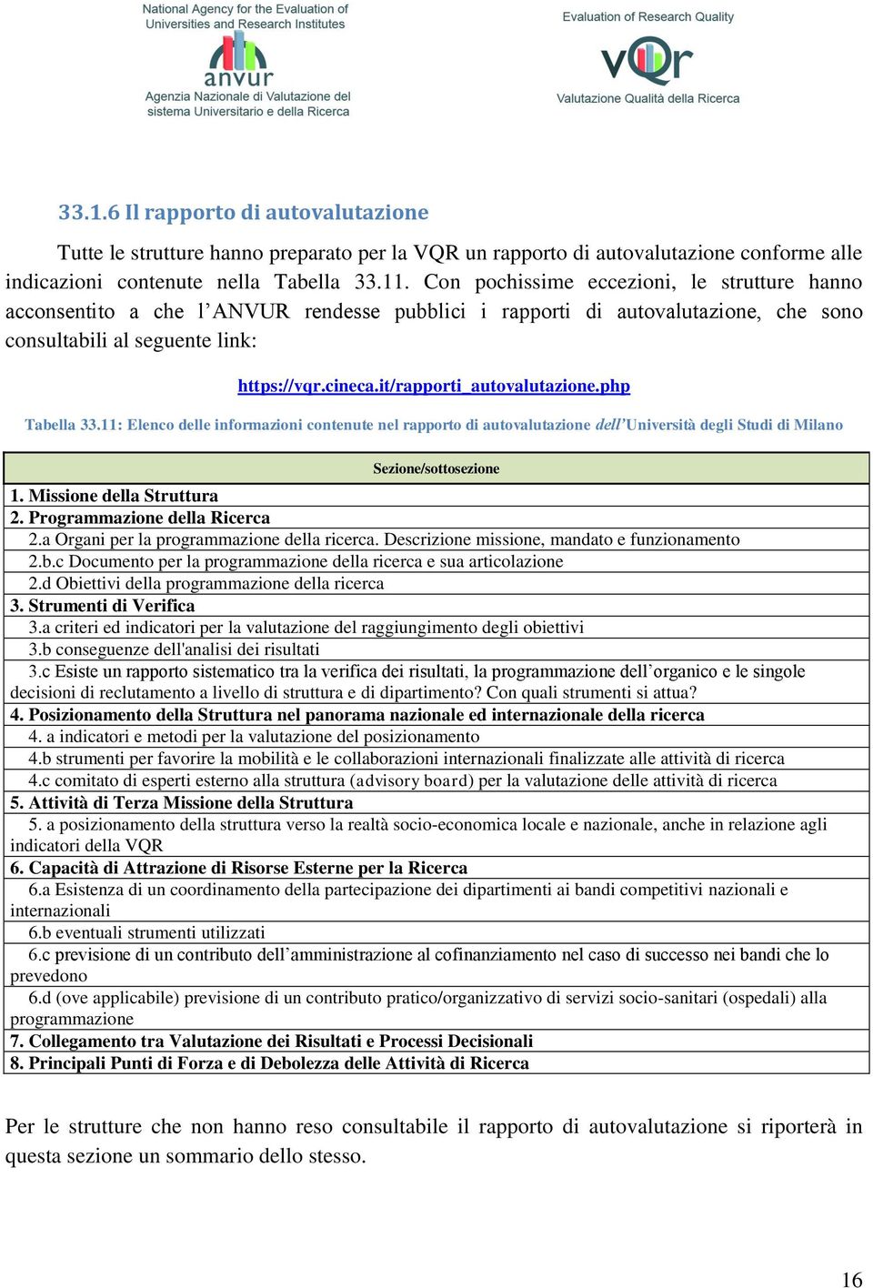 it/rapporti_autovalutazione.php Tabella 33.11: Elenco delle informazioni contenute nel rapporto di autovalutazione dell Università degli Studi di Milano Sezione/sottosezione 1.