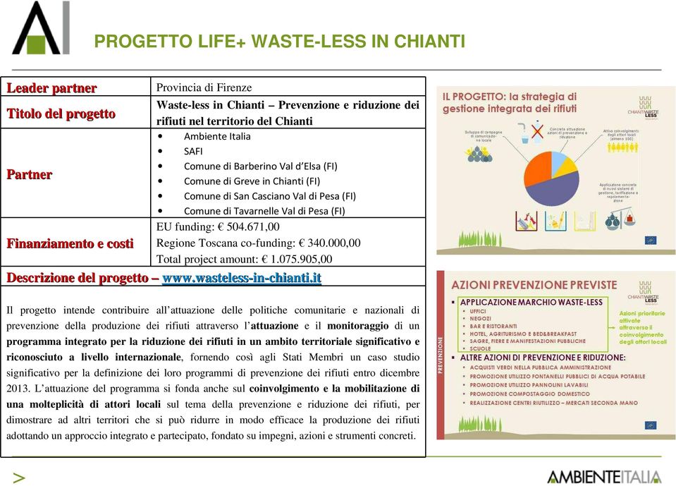 671,00 Regione Toscana co-funding: 340.000,00 Total project amount: 1.075.905,00 Descrizione del progetto www.wasteless wasteless-in-chianti. chianti.