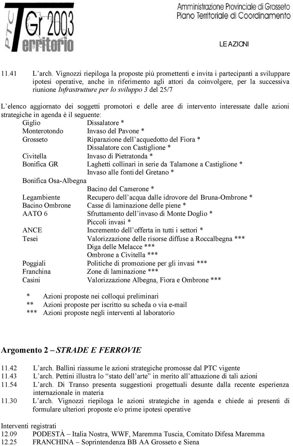 con Castiglione * Civitella Invaso di Pietratonda * Bonifica GR Laghetti collinari in serie da Talamone a Castiglione * Invaso alle fonti del Gretano * Bonifica Osa-Albegna Bacino del Camerone *