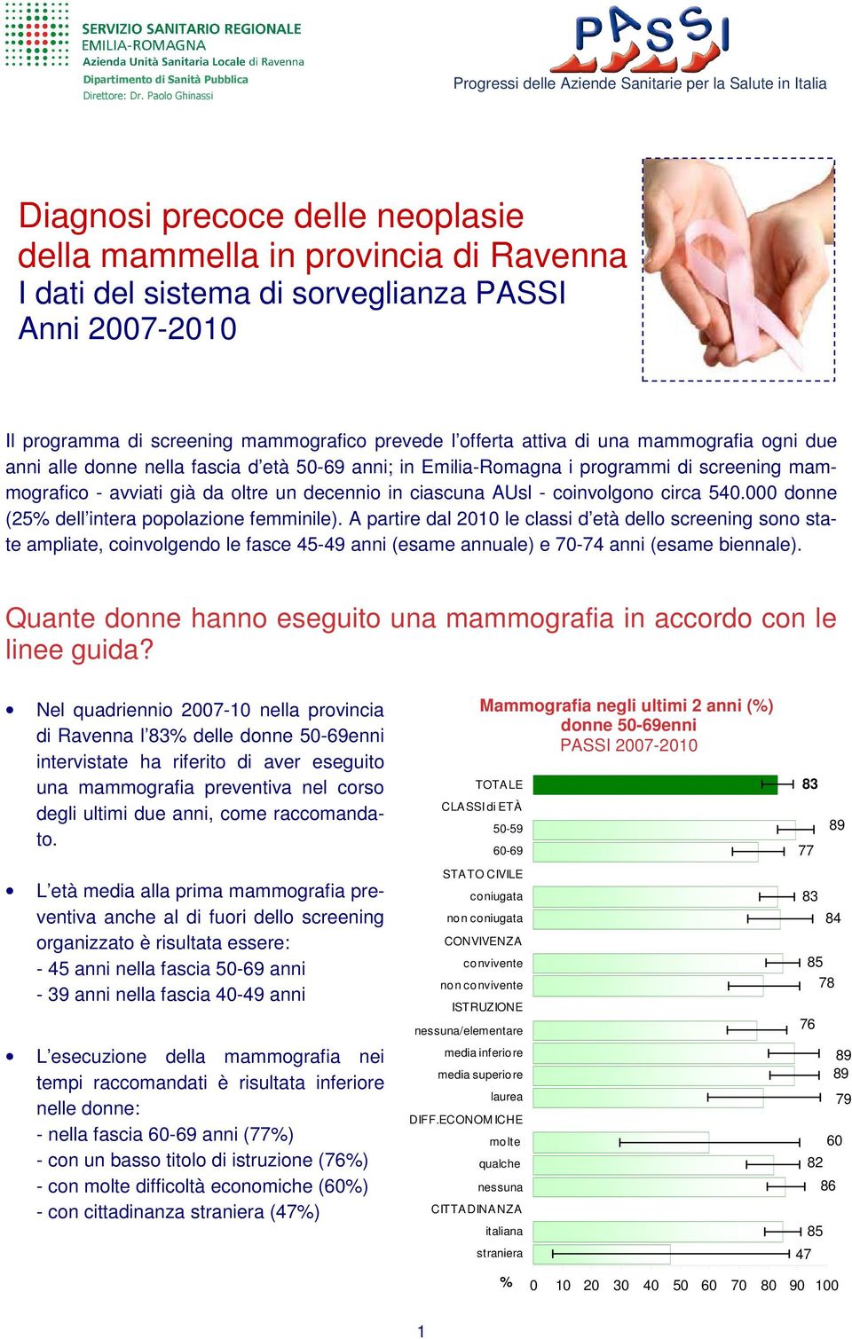 programma di screening mammografico prevede l offerta attiva di una mammografia ogni due anni alle donne nella fascia d età 5-69 anni; in Emilia-Romagna i programmi di screening mammografico -