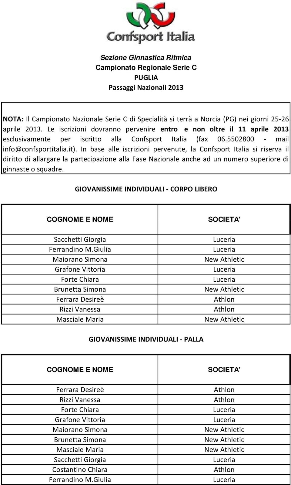 In base alle iscrizioni pervenute, la Confsport Italia si riserva il diritto di allargare la partecipazione alla Fase Nazionale anche ad un numero superiore di ginnaste o squadre.