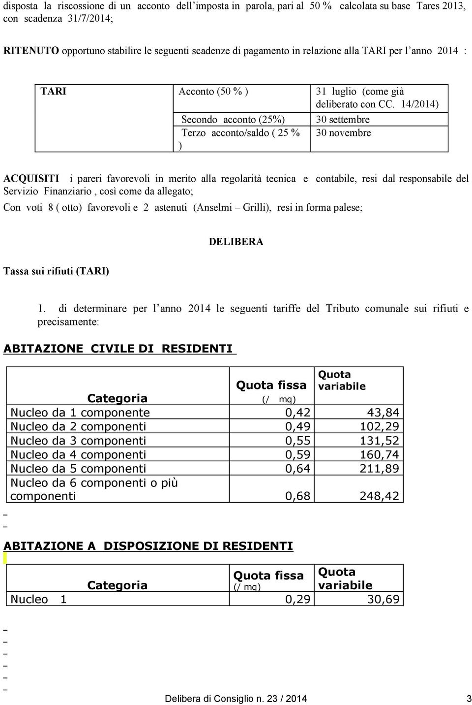 14/2014) Secondo acconto (25%) Terzo acconto/saldo ( 25 % ) 30 settembre 30 novembre ACQUISITI i pareri favorevoli in merito alla regolarità tecnica e contabile, resi dal responsabile del Servizio