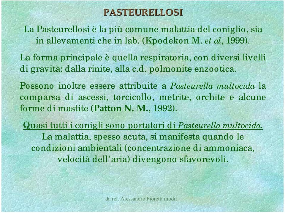 Possono inoltre essere attribuite a Pasteurella multocida la comparsa di ascessi, torcicollo, metrite, orchite e alcune forme di mastite (Patton N. M.