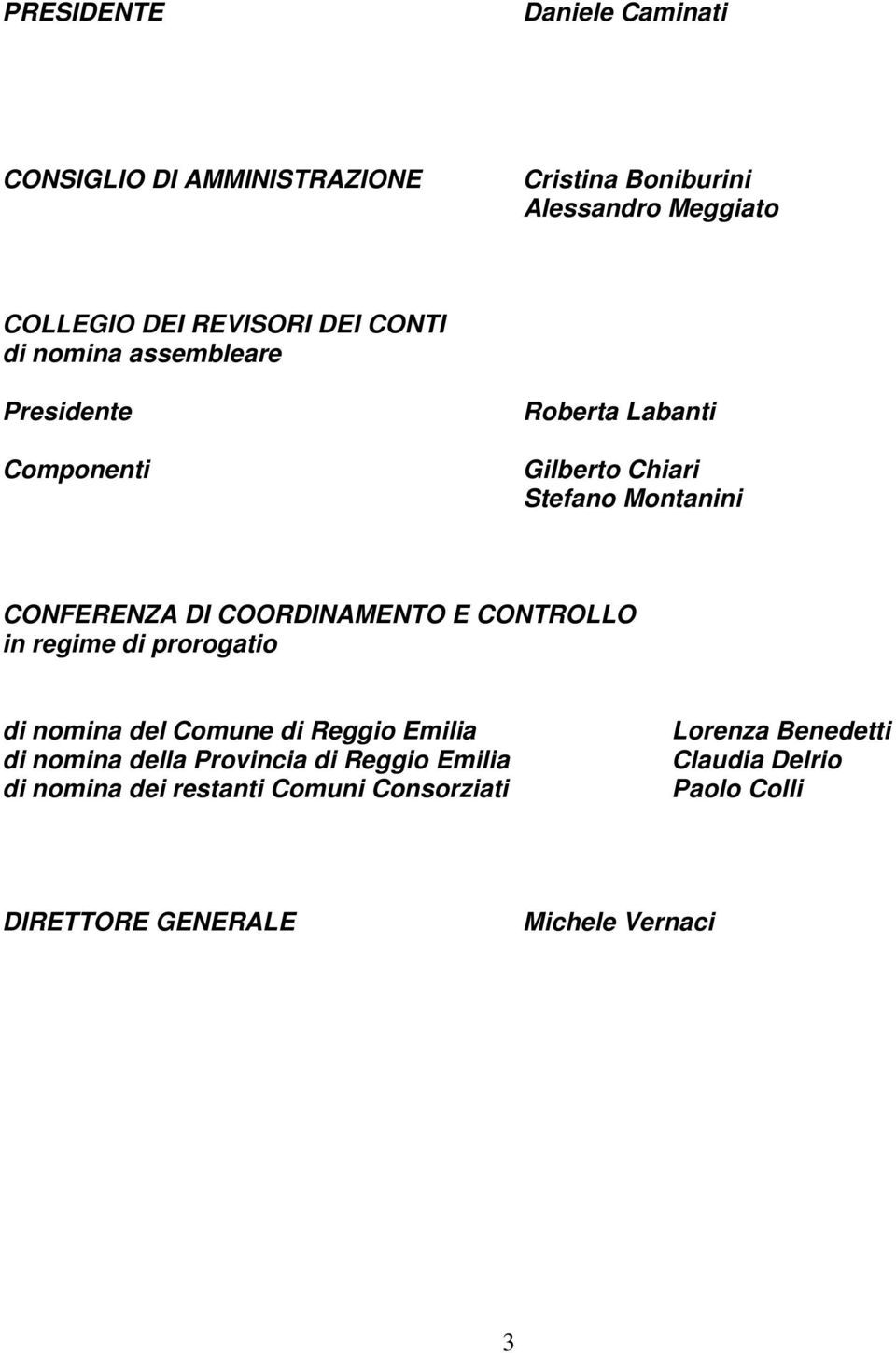 COORDINAMENTO E CONTROLLO in regime di prorogatio di nomina del Comune di Reggio Emilia di nomina della Provincia di