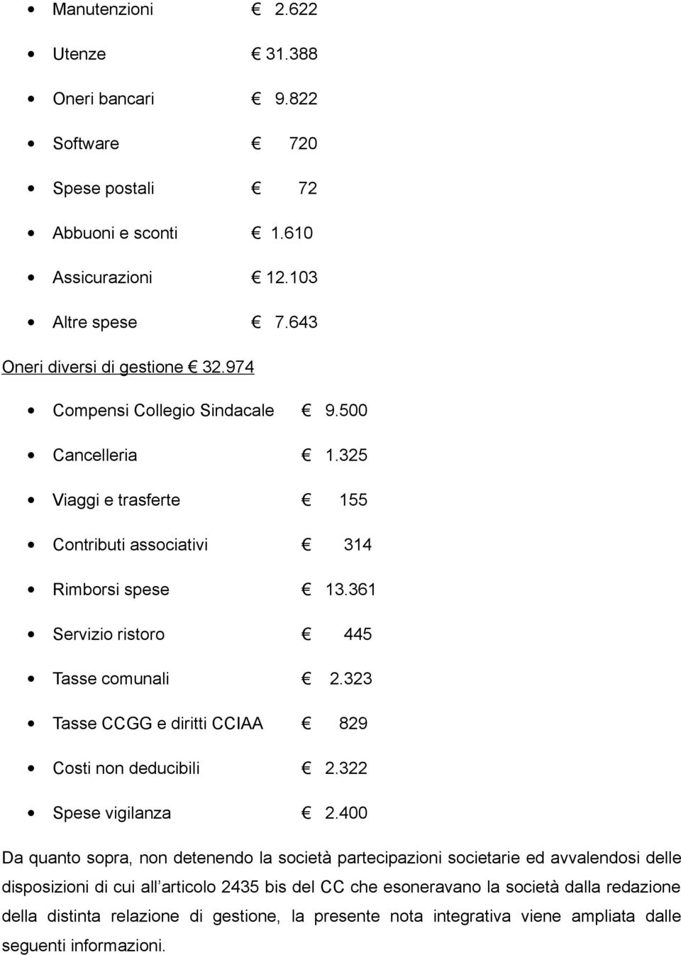 323 Tasse CCGG e diritti CCIAA 829 Costi non deducibili 2.322 Spese vigilanza 2.