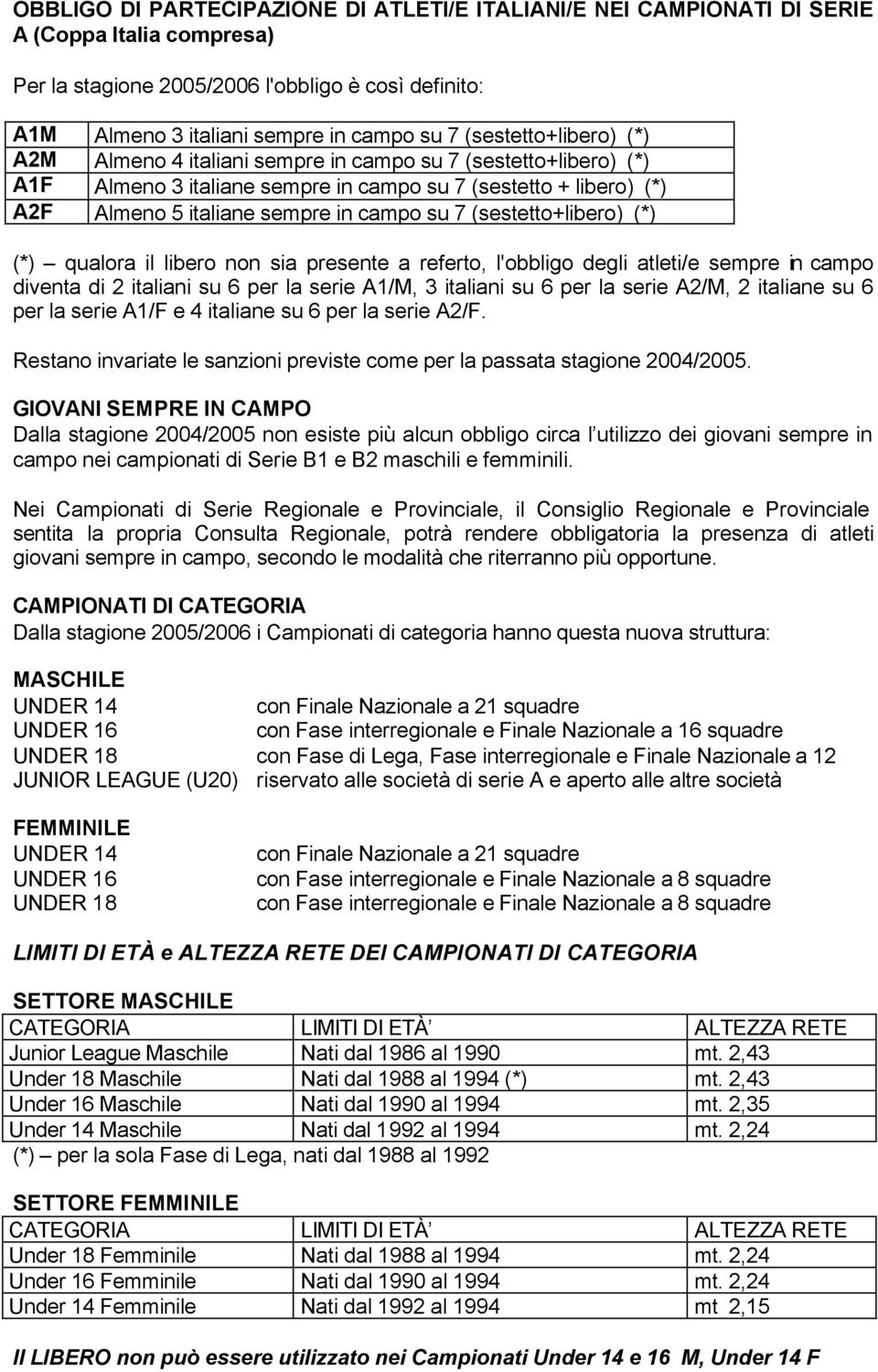 (sestetto+libero) (*) (*) qualora il libero non sia presente a referto, l'obbligo degli atleti/e sempre in campo diventa di 2 italiani su 6 per la serie A1/M, 3 italiani su 6 per la serie A2/M, 2