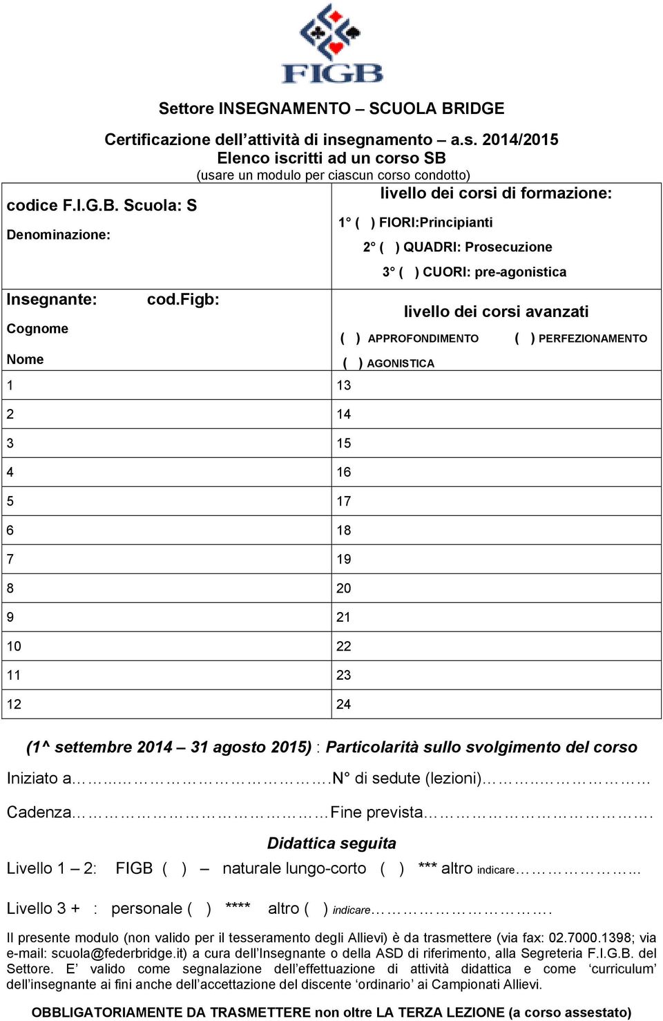 figb: livello dei corsi avanzati Cognome ( ) APPROFONDIMENTO ( ) PERFEZIONAMENTO Nome ( ) AGONISTICA 1 13 2 14 3 15 4 16 5 17 6 18 7 19 8 20 9 21 10 22 11 23 12 24 (1^ settembre 2014 31 agosto 2015)