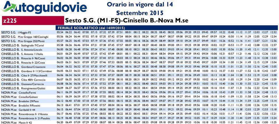 Cilea 48/fr Carroccio CINISELLO B. Giussano/Carroccio CINISELLO B. Risorgimento/Giolitti NOVA M.se Cinisello/Fermi NOVA M.se Cinisello/Galvani NOVA M.se Brodolini 29/Pace NOVA M.