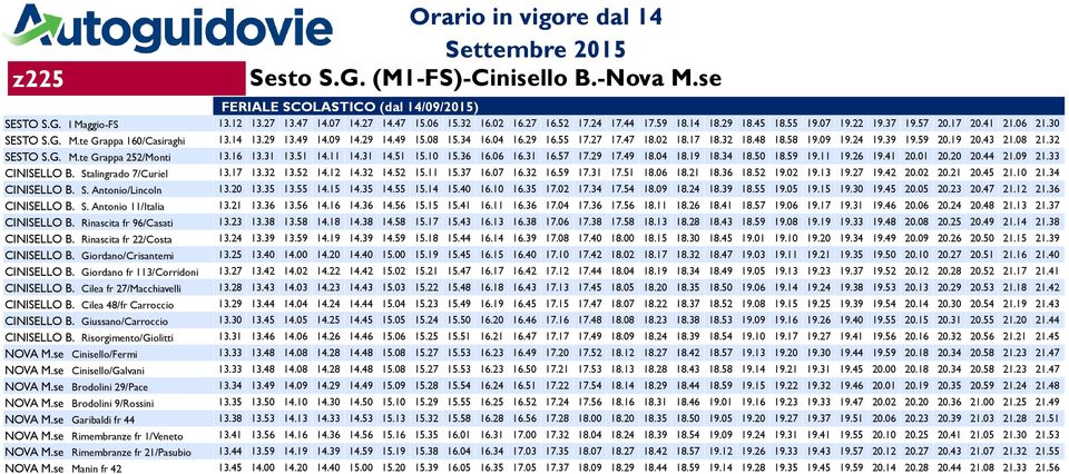 Cilea 48/fr Carroccio CINISELLO B. Giussano/Carroccio CINISELLO B. Risorgimento/Giolitti NOVA M.se Cinisello/Fermi NOVA M.se Cinisello/Galvani NOVA M.se Brodolini 29/Pace NOVA M.