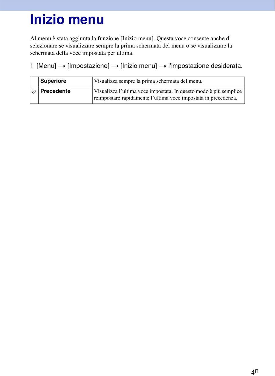 della voce impostata per ultima. 1 [Menu] t [Impostazione] t [Inizio menu] t l impostazione desiderata.