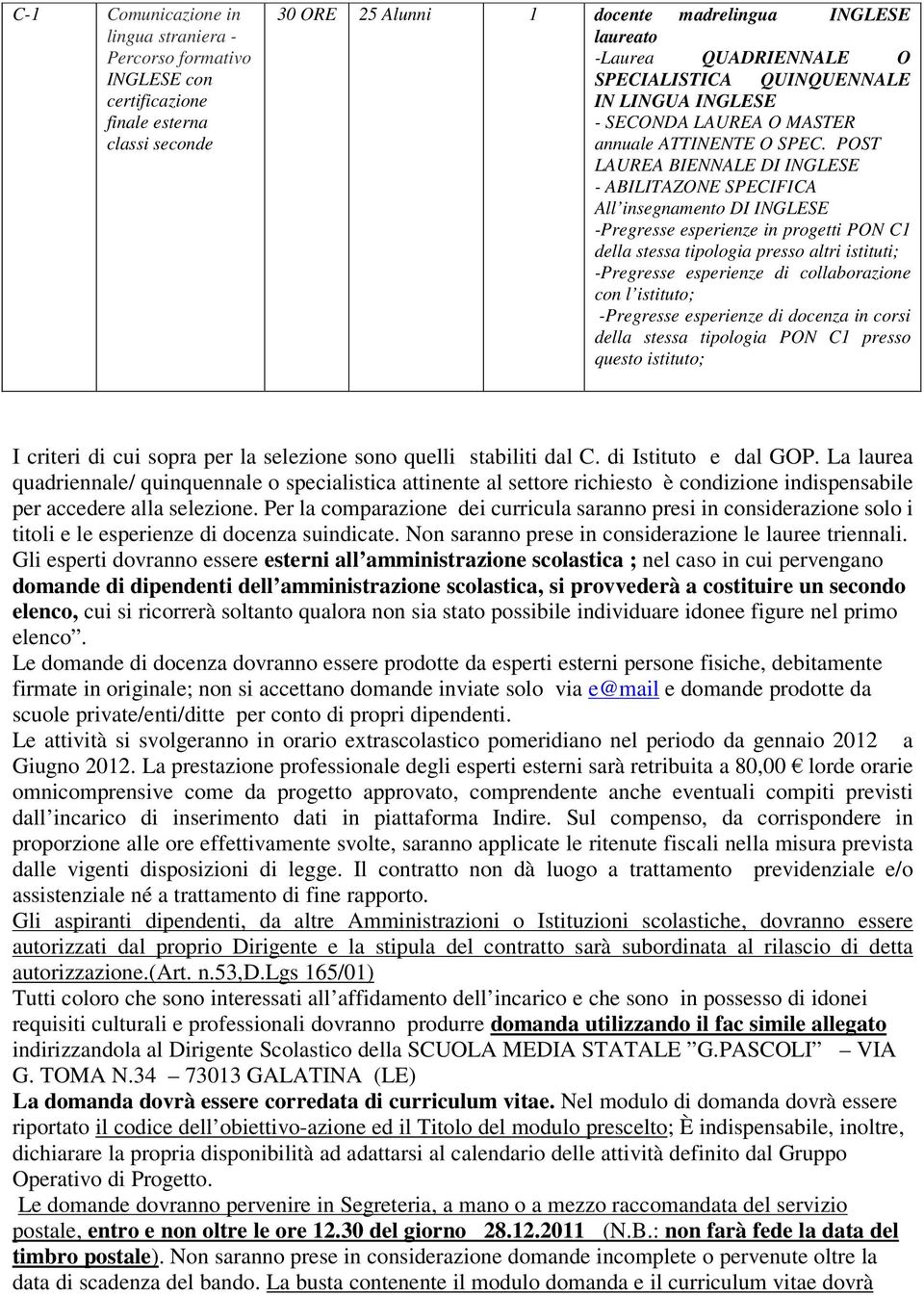 POST LAUREA BIENNALE DI INGLESE - ABILITAZONE SPECIFICA All insegnamento DI INGLESE -Pregresse esperienze in progetti PON C1 della stessa tipologia presso altri istituti; -Pregresse esperienze di