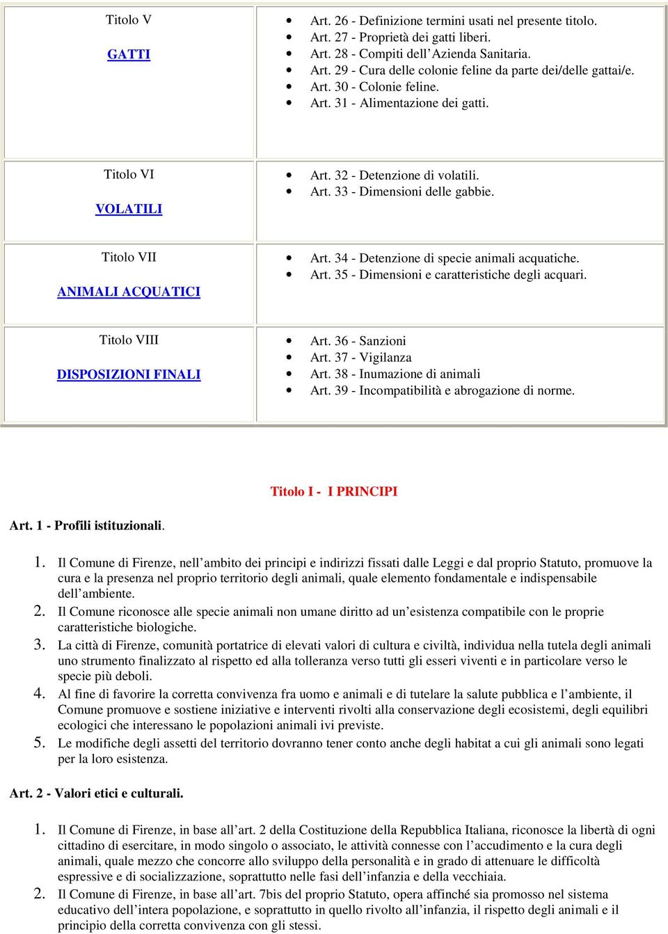 34 - Detenzione di specie animali acquatiche. Art. 35 - Dimensioni e caratteristiche degli acquari. Titolo VIII DISPOSIZIONI FINALI Art. 36 - Sanzioni Art. 37 - Vigilanza Art.