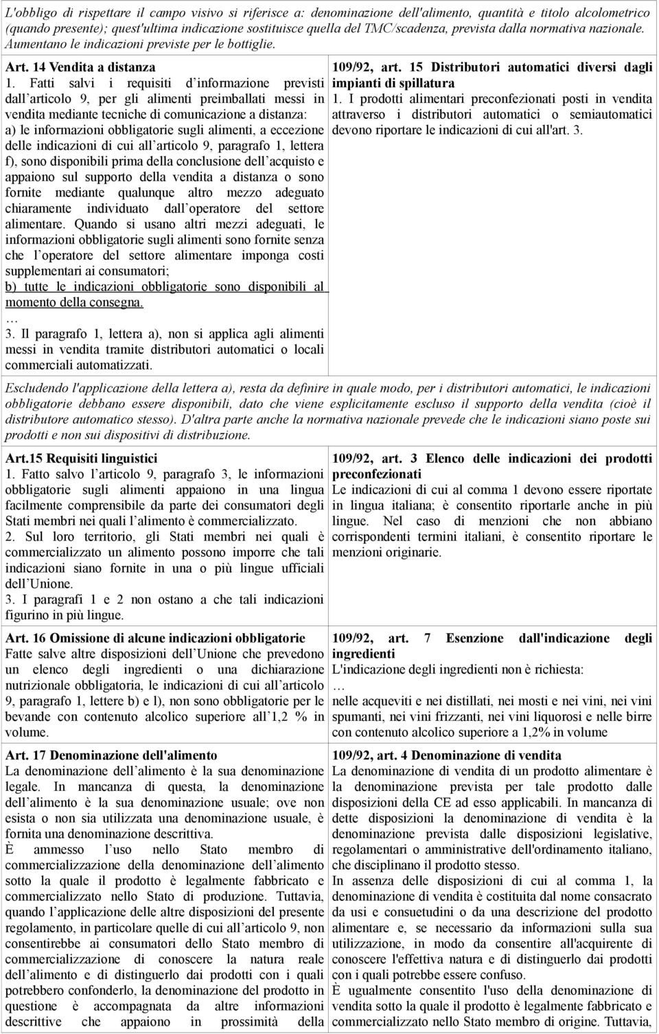 Fatti salvi i requisiti d informazione previsti dall articolo 9, per gli alimenti preimballati messi in vendita mediante tecniche di comunicazione a distanza: a) le informazioni obbligatorie sugli