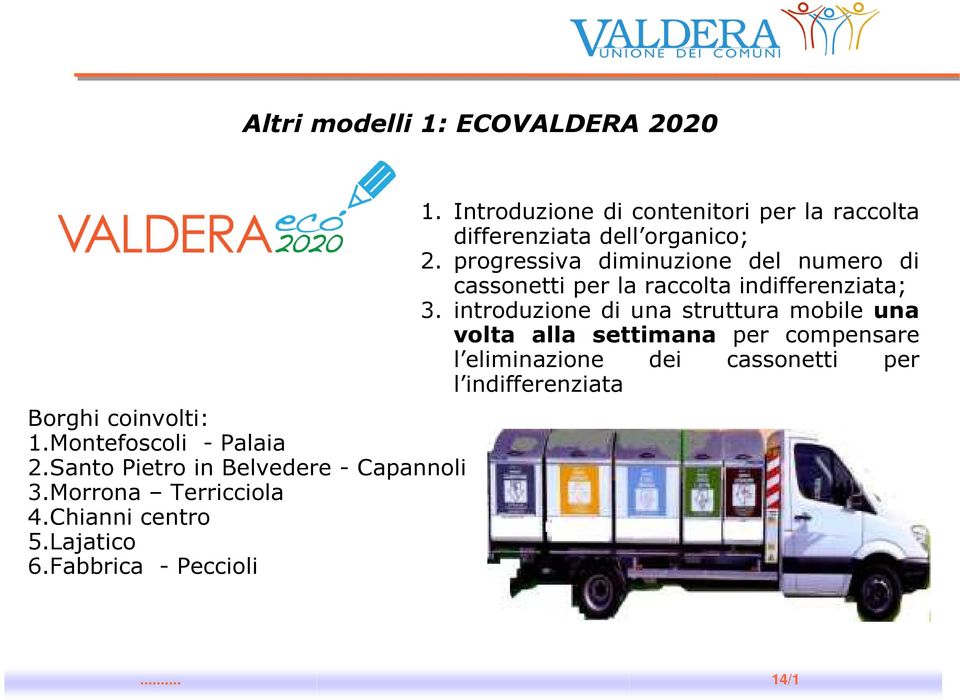 Introduzione di contenitori per la raccolta differenziata dell organico; 2.