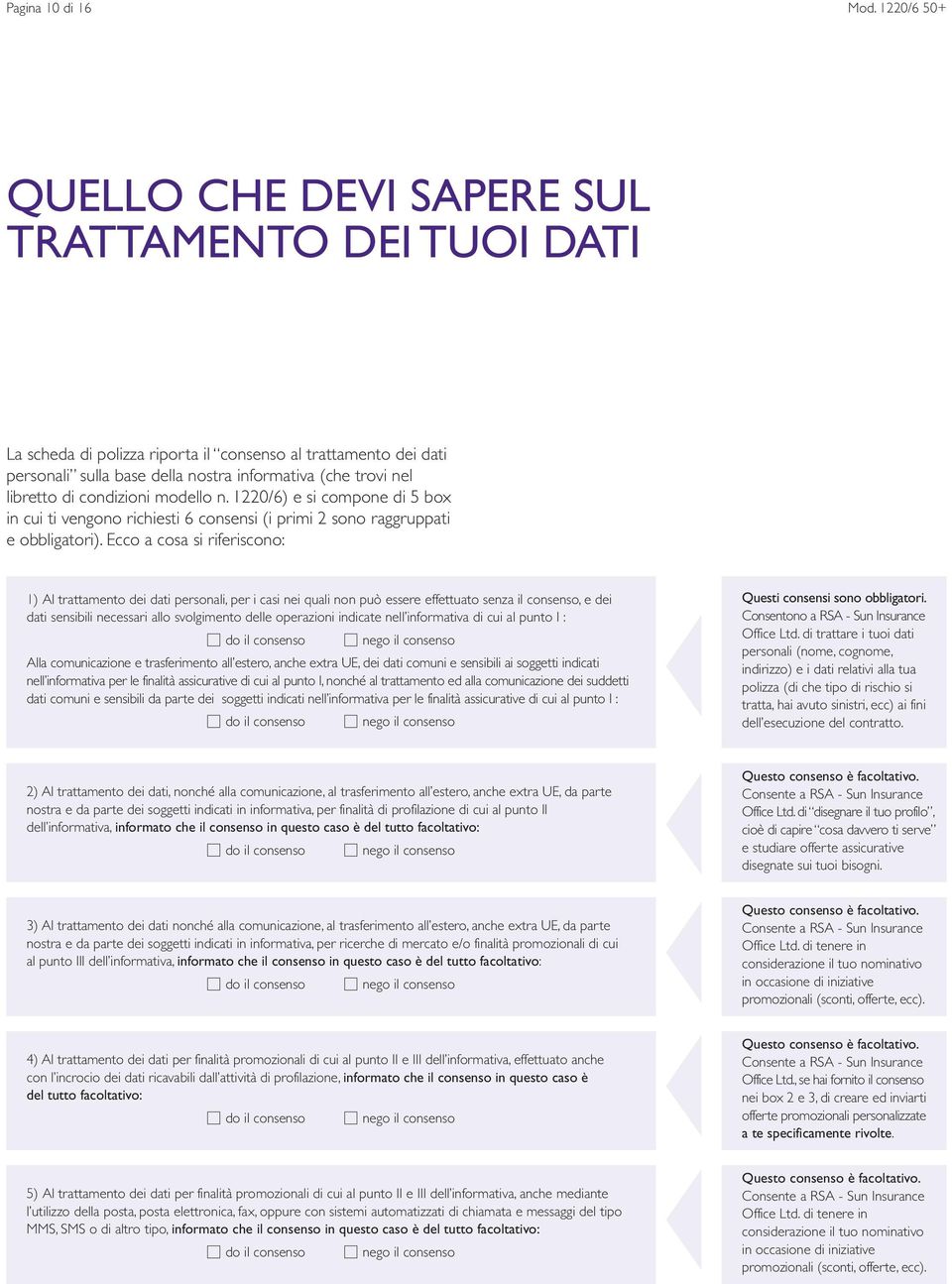 di condizioni modello n. 1220/6) e si compone di 5 box in cui ti vengono richiesti 6 consensi (i primi 2 sono raggruppati e obbligatori).