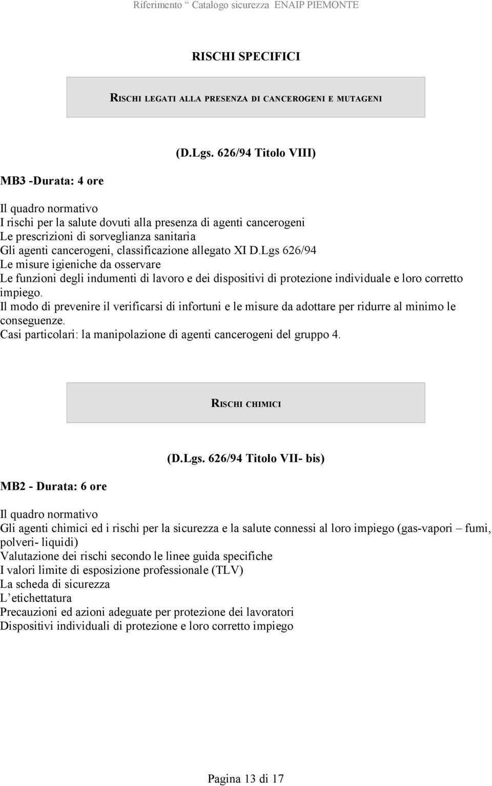 classificazione allegato XI D.Lgs 626/94 Le misure igieniche da osservare Le funzioni degli indumenti di lavoro e dei dispositivi di protezione individuale e loro corretto impiego.