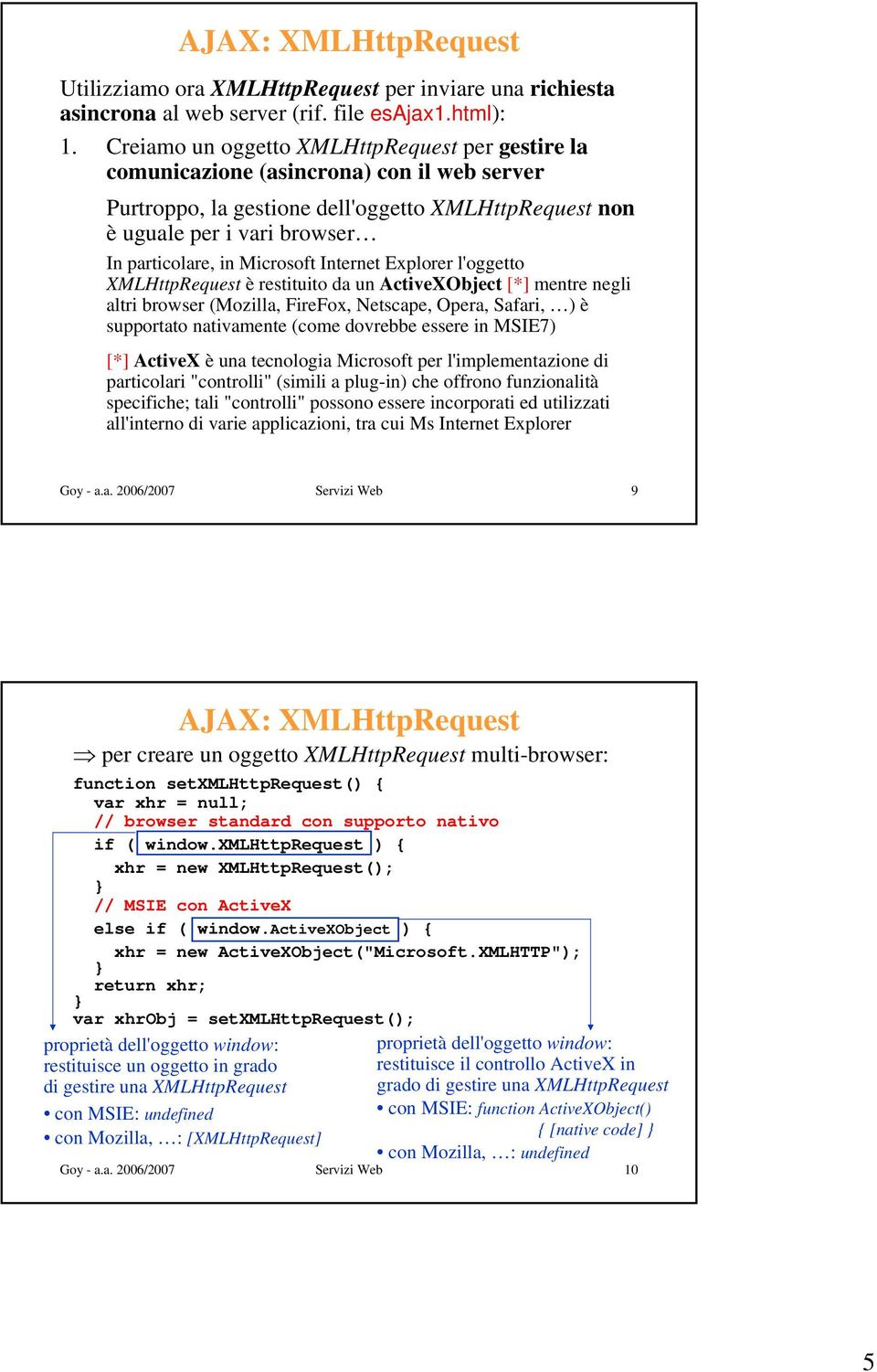 Microsoft Internet Explorer l'oggetto XMLHttpRequest è restituito da un ActiveXObject [*] mentre negli altri browser (Mozilla, FireFox, Netscape, Opera, Safari, ) è supportato nativamente (come