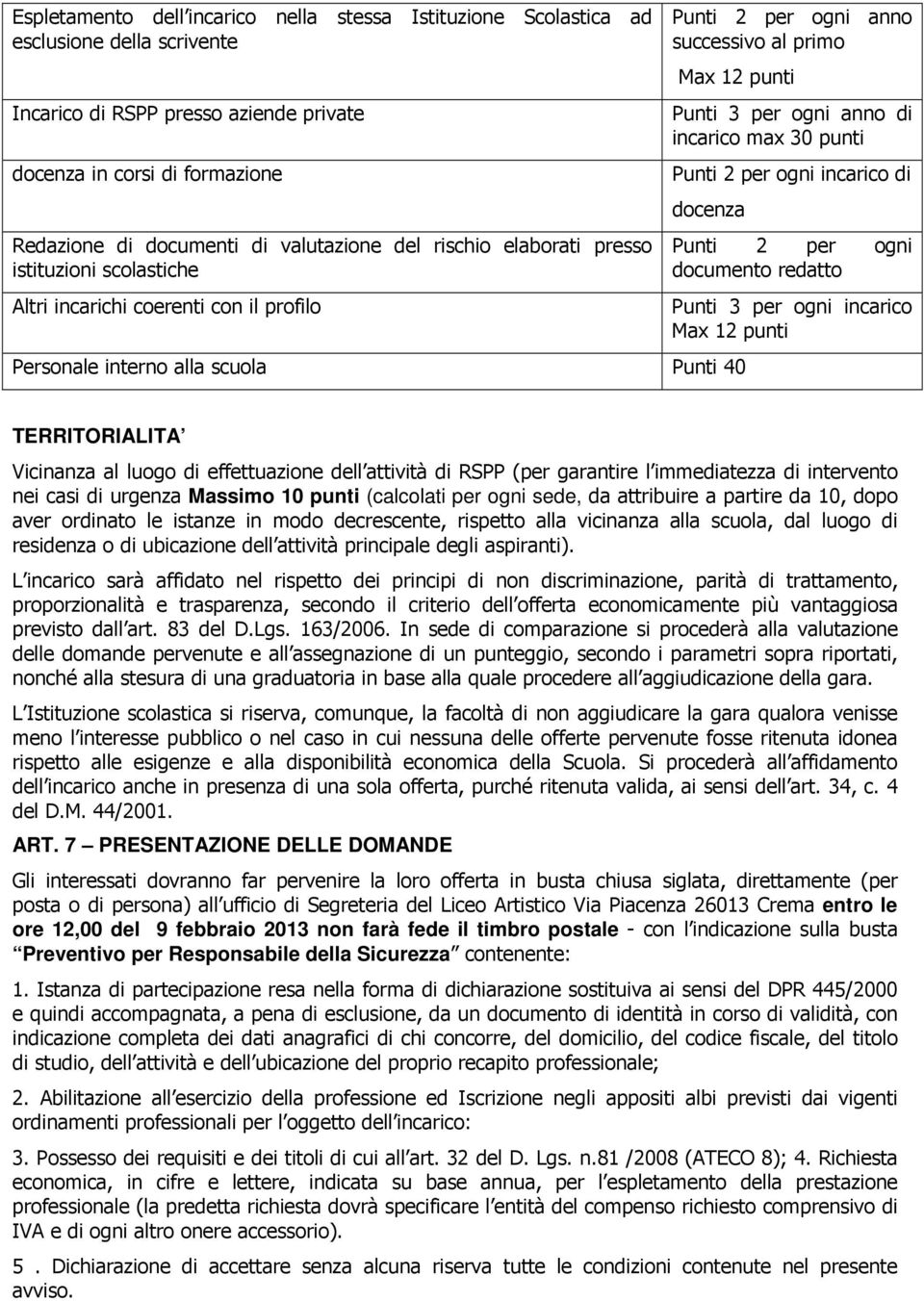 30 punti Punti 2 per ogni incarico di docenza Personale interno alla scuola Punti 40 Punti 2 per ogni documento redatto Punti 3 per ogni incarico Max 12 punti TERRITORIALITA Vicinanza al luogo di