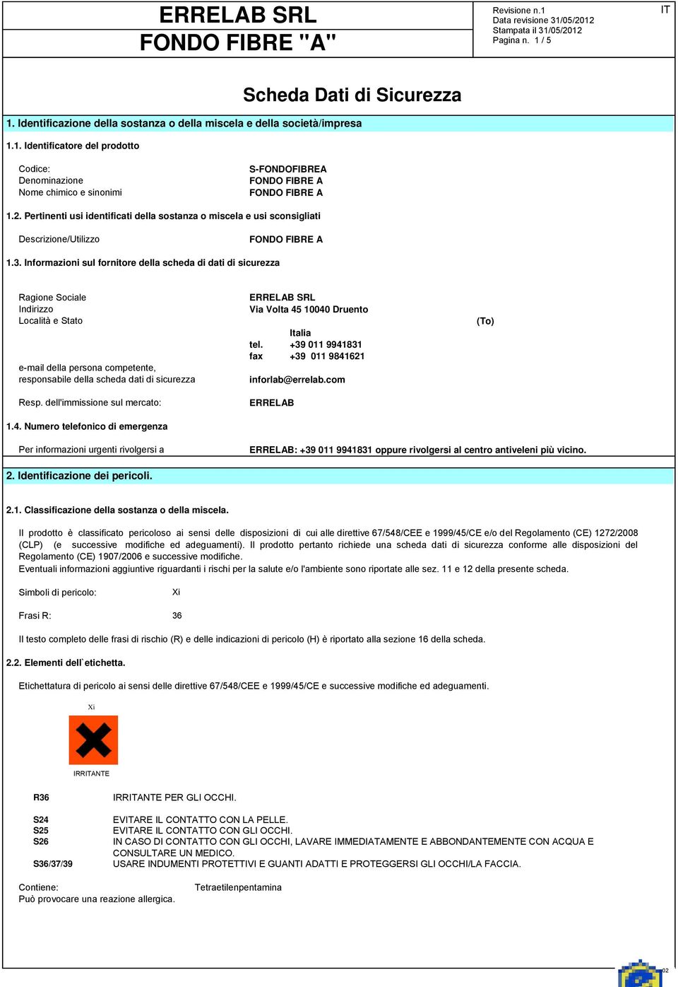 Informazioni sul fornitore della scheda di dati di sicurezza Ragione Sociale Indirizzo Località e Stato e-mail della persona competente, responsabile della scheda dati di sicurezza Resp.