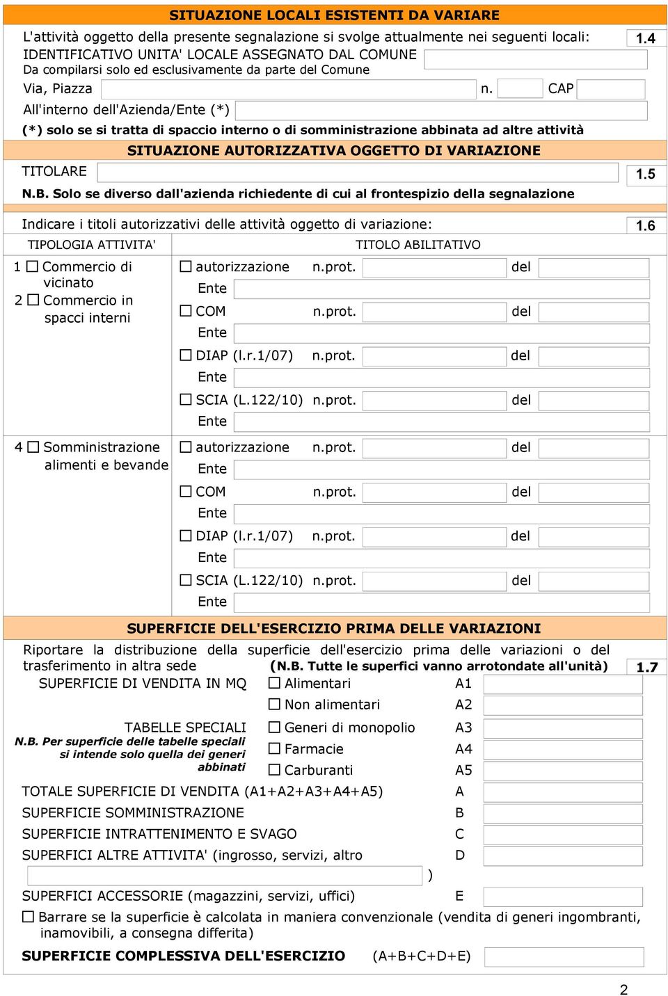 CAP All'interno dell'azienda/ (*) (*) solo se si tratta di spaccio interno o di somministrazione abbinata ad altre attività SITUAZIONE AUTORIZZATIVA OGGETTO DI VARIAZIONE TITOLARE 1.5 N.B.