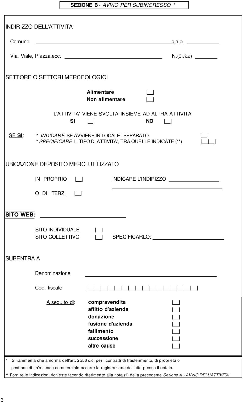 fiscale A seguito di: compravendita affitto d'azienda donazione fusione d'azienda fallimento successione altre cause * Si rammenta che a norma dell'art. 2556 c.c. per i contratti di trasferimento, di proprietà o gestione di un'azienda commerciale occorre la registrazione dell'atto presso il notaio.