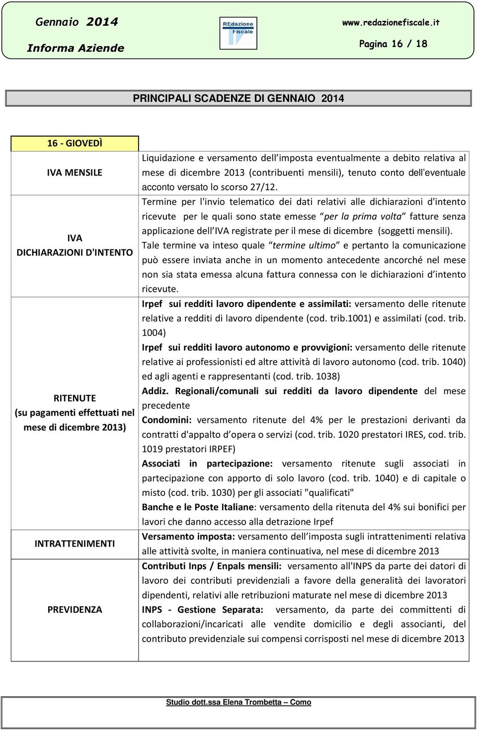 Termine per l'invio telematico dei dati relativi alle dichiarazioni d'intento ricevute per le quali sono state emesse per la prima volta fatture senza applicazione dell IVA registrate per il mese di