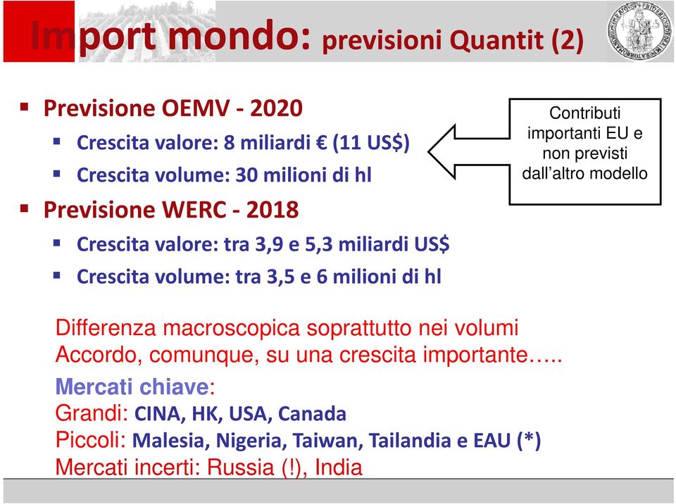 e non previsti dall altro modello Differenza macroscopica soprattutto nei volumi Accordo, comunque, su una crescita importante.