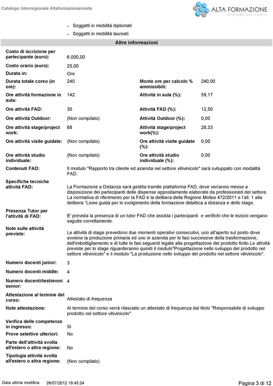 (%): 59,1 Ore attività FAD: 0 Attività FAD (%): 12,50 Ore attività Outdoor: Attività Outdoor (%): 0,00 Ore attività stage/project work: 68 Attività stage/project work(%): Ore attività visite guidate: