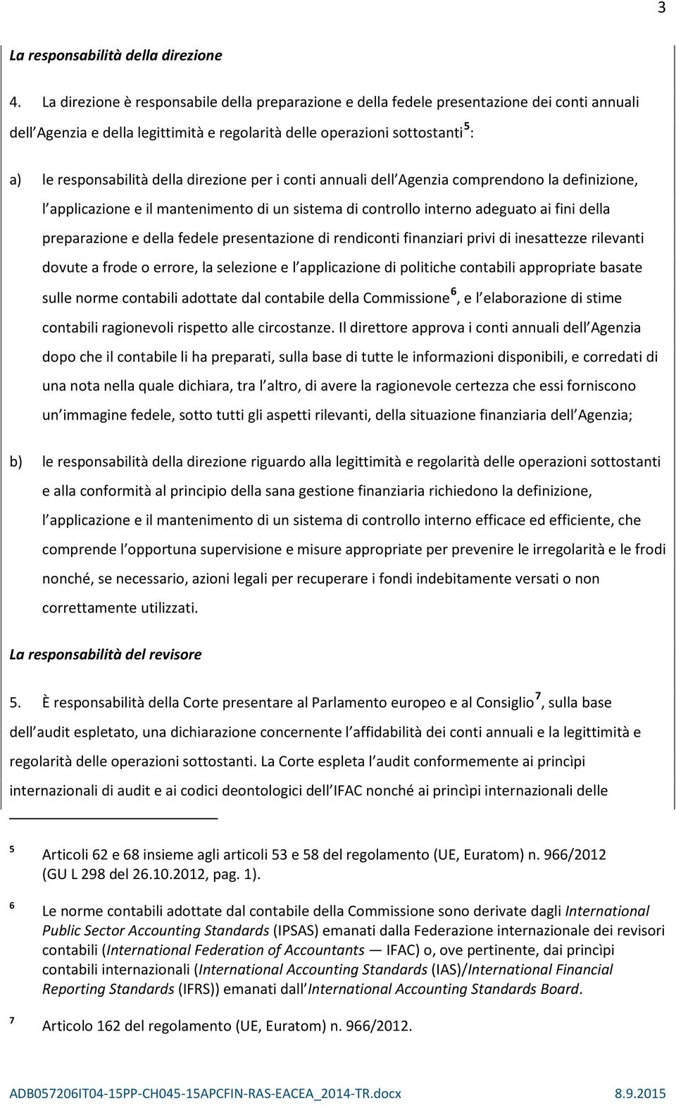 direzione per i conti annuali dell Agenzia comprendono la definizione, l applicazione e il mantenimento di un sistema di controllo interno adeguato ai fini della preparazione e della fedele