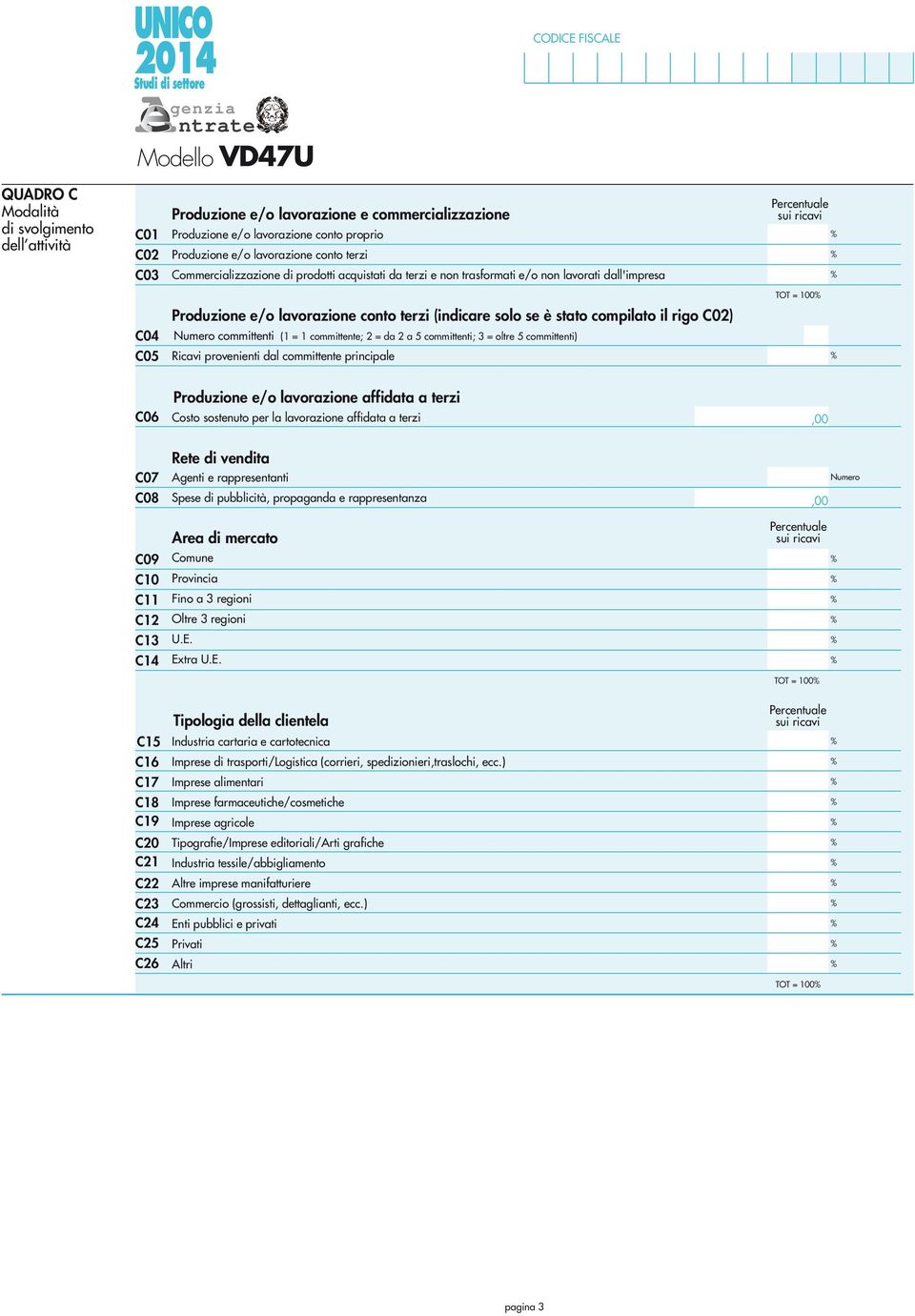 C0) committenti ( = committente; = da a 5 committenti; 3 = oltre 5 committenti) Ricavi provenienti dal committente principale C06 Produzione e/o lavorazione affidata a terzi Costo sostenuto per la