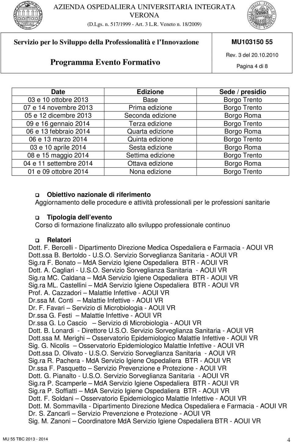 Settima edizione Borgo Trento 04 e 11 settembre 2014 Ottava edizione Borgo Roma 01 e 09 ottobre 2014 Nona edizione Borgo Trento Obiettivo nazionale di riferimento Aggiornamento delle procedure e